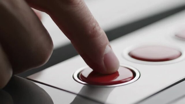 Hand pressing a red button on a white arcade game console