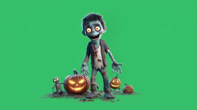 Spooky zombie kid with glowing eyes collecting jack-o'-lanterns on Halloween night in fun cartoon style on green screen background