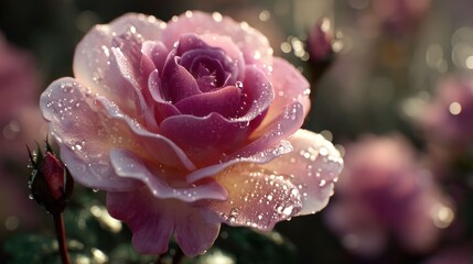 Close-up of a vibrant, pink rose, covered in dew drops, bathed in soft sunlight
