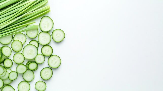 Fresh cucumber slices and green stalks on white background