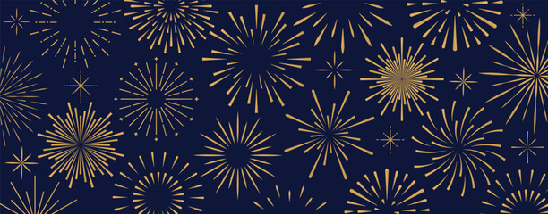 Abstract geometric exploding festive fireworks isolated on blue background. Christmas banner for holiday, flyer, greeting card. Decorative backdrop for New Year. Vector EPS10