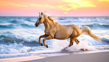 Palomino horse gallops across a sandy beach at sunrise, waves crashing nearby