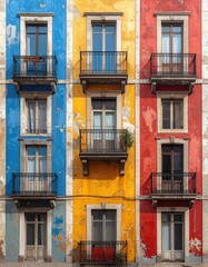 Vibrant Colorful Building Facade with Balconies and Windows in Vertical Stripes.