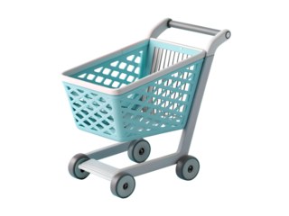 3d illustration of a light blue plastic shopping cart with gray accents trolley basket