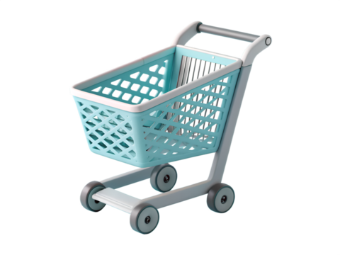 3d illustration of a light blue plastic shopping cart with gray accents trolley basket