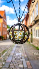 Decorative Daisy Flower Orb Hanging on Old Town Street.