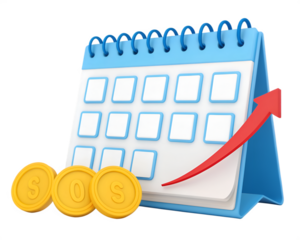 3d stylized calendar with coins and upward trending arrow illustration