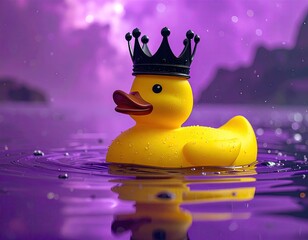 A yellow rubber duck wearing a black crown floats serenely in mystical purple water.
