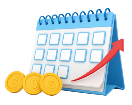 3d stylized calendar with coins and upward trending arrow illustration