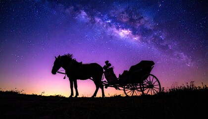 Horse drawn carriage silhouette under the majestic Milky Way galaxy at night.