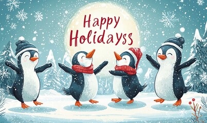 Festive penguins celebrate the holidays in a snowy landscape
