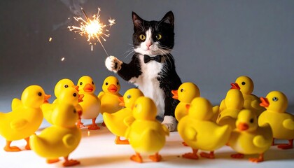 Whimsical black and white cat holding a sparkler surrounded by yellow ducklings.