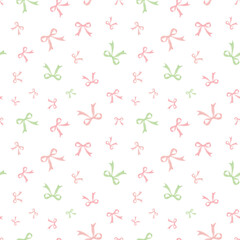 Cute coquette vector seamless pattern pink ribbon bow background. Pink green white preppy feminine romantic backdrop for textile, fabric, wallpaper, wrapping. Tossed repeat baby girl shower, nursery