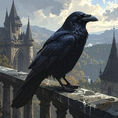Majestic black raven perched on ancient castle parapet overlooking misty mountains.