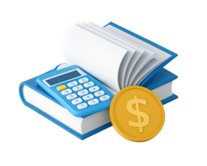 Blue calculator on books with gold dollar coin and white pages money finance