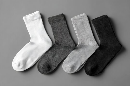 Four pairs of socks in various colors on a gray background