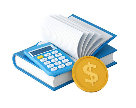 Blue calculator on books with gold dollar coin and white pages money finance