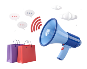 Blue megaphone announces red and purple shopping bags with speech bubbles announcement retail