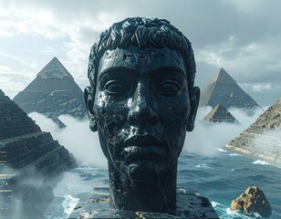 Ancient Head Sculpture Emerges From Misty Waters With Pyramids.