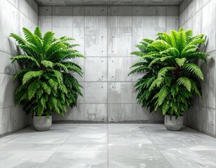 Two lush green potted plants in a minimalist concrete room.