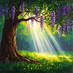 Enchanted Wisteria Tree Bathed in Golden Sunlight Rays Through Forest Meadow.