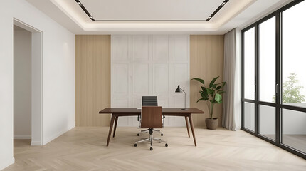 Modern executive office space for collaboration, a stylish chair positioned at a workspace desk, creating a conducive environment for productivity