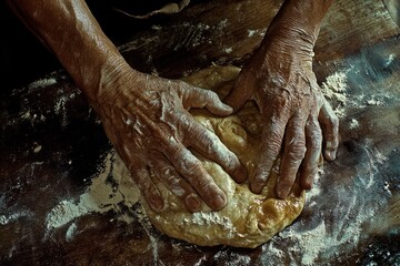 Aged hands knead dough, flour dusting a wooden surface, depicting baking and tradition.