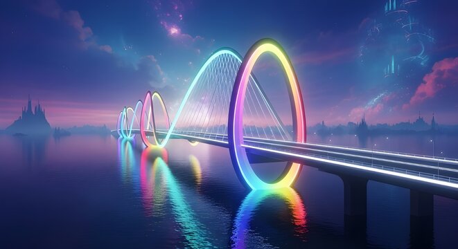 AI-Generated Ultra Colorful Infinity Bridge with Floating Neon Arches
