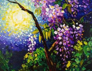 Beautiful Impressionistic Painting of Vibrant Purple Wisteria Flowers in Sunlight.