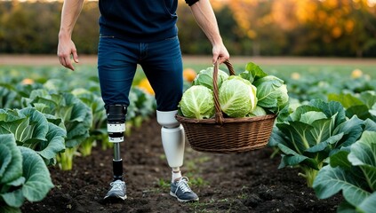 Person with a prosthetic leg carrying a basket of fresh cabbages in a lush green field