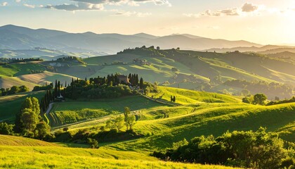 Rolling green hills bathed in golden sunset light with distant mountains