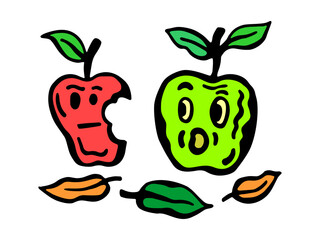 Vector color illustration of two apples with leaves, where one fruit is surprised and the other is bitten, on a white isolated background