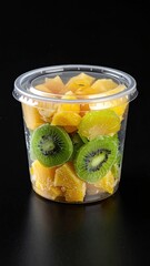 Fresh fruit salad in a clear plastic cup with kiwi and tropical fruit.
