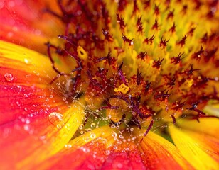 Extreme close up macro view of a colorful flower center with dew drops.