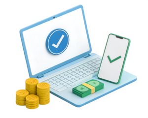 Digital 3d illustration of laptop smartphone coins and cash digital illustration 3d rendering