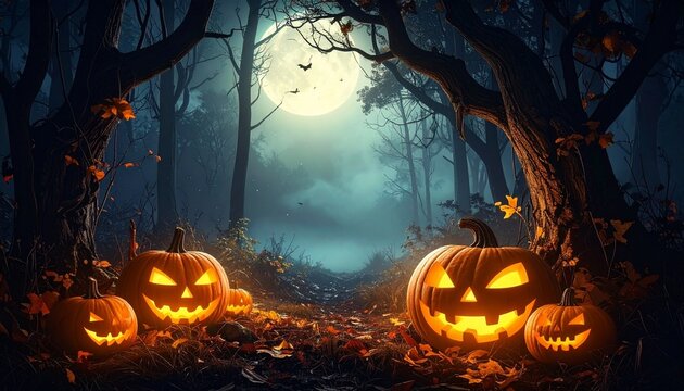 Dark forest silhouette with jack-o’-lanterns glowing, blank middle area for advertisement message