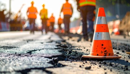 A close up shot of an orange traffic cone standing on a cracked asphalt surface with construction workers in the background