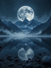 a serene majestic night landscape with a luminous full moon over snow-capped mountains reflected in a still lake under a starry sky.
