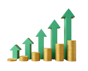 Green arrows pointing up next to stacks of gold coins on black background growth finance