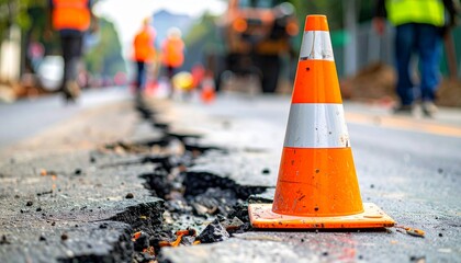 An orange traffic cone alerts drivers about road damage, with workers in the blurred background, emphasizing the hazard