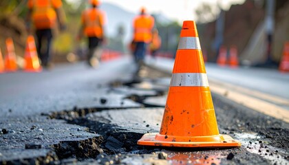Traffic cone on a cracked road, with workers in the background, highlighting road work and hazard prevention