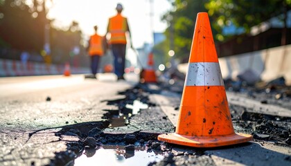 Traffic cone on a road surface undergoing construction, with road workers in the background