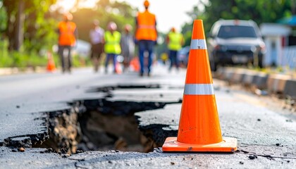 Road crack and construction workers with safety cone, signifying danger