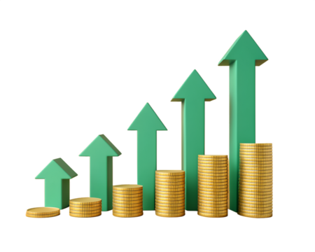 Green arrows pointing up next to stacks of gold coins on black background growth finance - Powered by Adobe