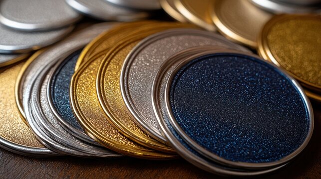Close-up of stacked metallic medals, various colors