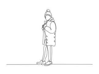 Young boy wearing winter cloth in single outline illustration. Continuous line art drawing of model wearing winter fashion. Editable stroke.