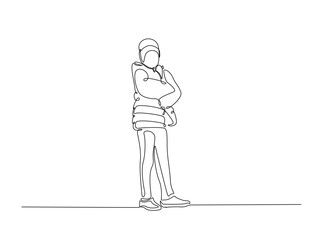 Young boy wearing winter cloth in single outline illustration. Continuous line art drawing of model wearing winter fashion. Editable stroke.