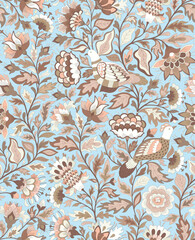 Floral with birds seamless background.Magical cottage garden tapestry.eps