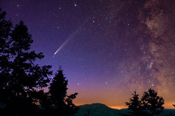 Milky Way stars, comet and rural countryside tree silhouettes