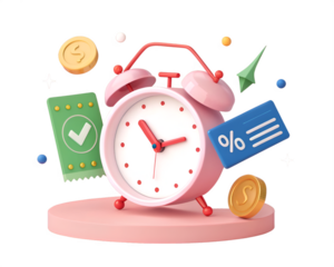 Pink alarm clock with coins ticket and discount card on black pink clock time